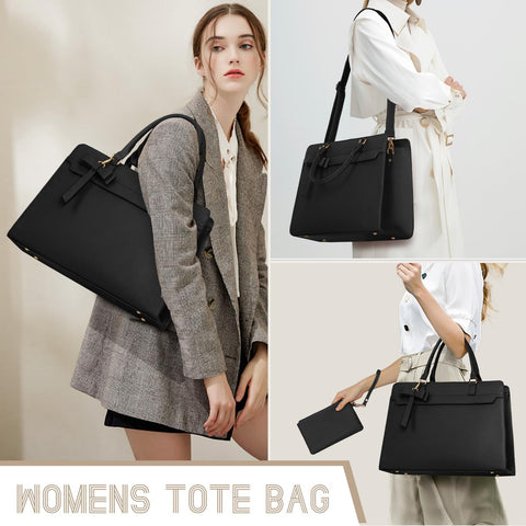 Laptop Bag for Women 15.6 inch Leather Laptop Tote Bag Large Computer Bag Waterproof Business Office Work Bag Briefcase with Satchel Purse 2pcs Set, Black NUBILY