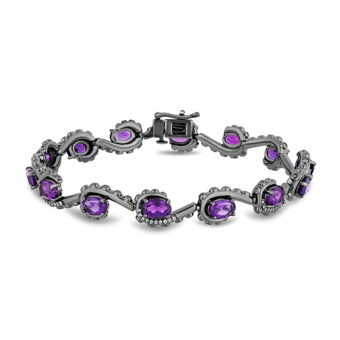 Jewelili Enchanted Disney Fine Jewelry Black Rhodium over Sterling Silver 6x4 MM Oval Shape Amethyst and 1/5 Cttw Natural White Round Diamond Ursula Bracelet