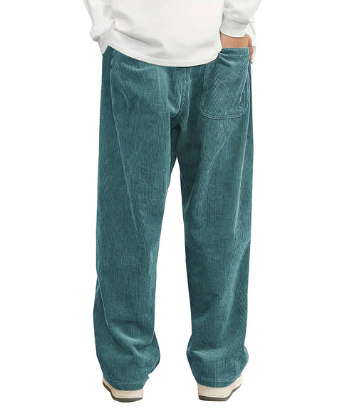 Hidkat Mens Corduroy Casual Pants Fashion Loose Fit Wide Leg Pants Straight Sweatpants Elastic Waist Drawstring Peacock-Blue