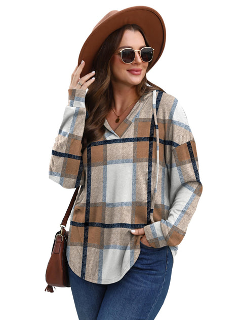 Sampeel Fall Sweatshirts for Women Trendy 2025 Long Sleeve Shirts Pullover Hoodies Sweaters Winter Clothing Flannel Shirt Brown Plaid L