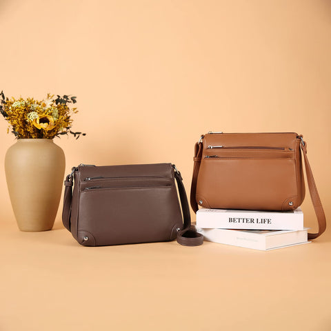 WESTBRONCO Crossbody Bags for Women, Medium Size Shoulder Handbags, Satchel Purse with Multi Zipper Pocket Coffee