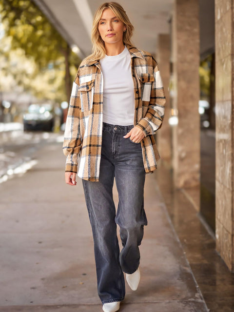 AUTOMET Womens Fall Outfits Fashion Clothes Shackets Flannel Plaid Button Down Long Sleeve Shirts Jackets Apricot L