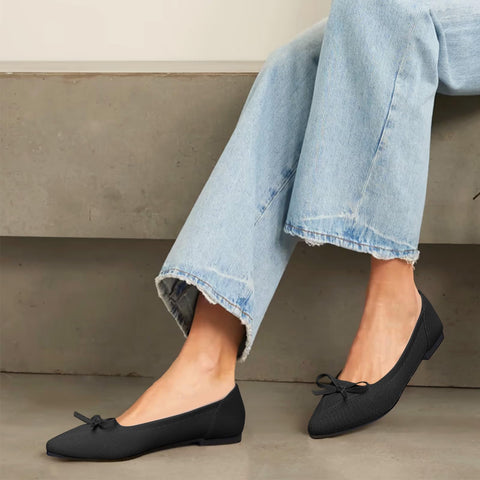 TINGRISE Women's Flats Pointed Toe Bow Knit Ballet Shoes Comfortable Dressy Mesh Slip On Flat Black US8