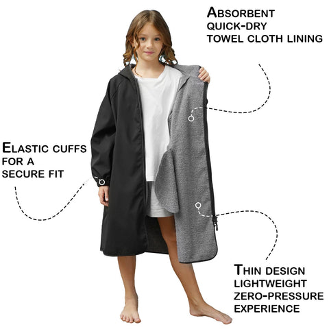 Hiturbo Kids Swim Parka: Waterproof Swimming Jacket Windproof Surf Poncho - Lightweight Hooded Swimmer with Quick-Dry Changing Towel Lined - Boys Girls 7-12 Years - Black