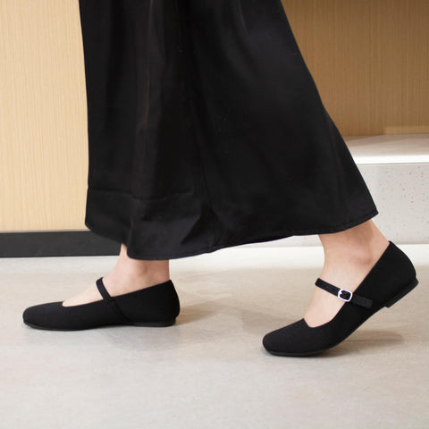 Soesyi Knit Flats for Women Square Toe Flats Casual Ballet Flats with Ankle Strap,Mary Jane Shoes Women Comfortable for Dressy Office,Size 08，Black
