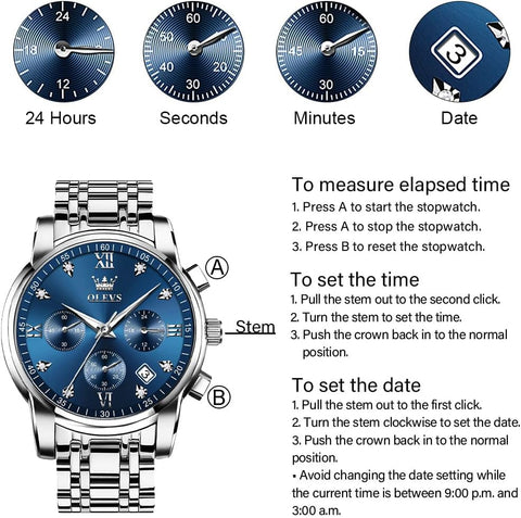 OLEVS Men's Diamond Watches Blue Dial Roman numerals Chronograph Watches for Men Stainless Steel Band Fashion Luminous Hands Multi-Function Quartz Watch Water Resistant Silver Tone Men Watch with Date