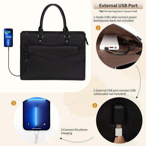 Laptop Tote Bag for Women, 17 Inch Laptop Bag Waterproof Leather Computer Tote Bag, Large Work Bag with USB Charging Port, Womens Laptop Briefcase Business Office Handbag Work Shoulder Bag, Black onemoky