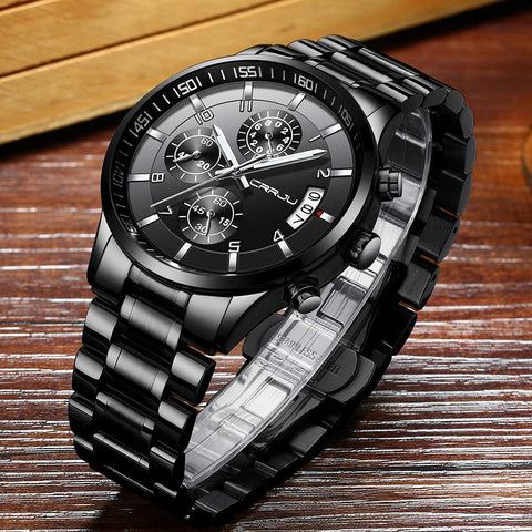 CRRJU Men's Black Watch Fashion Business Chronograph Quartz Wristwatches,Luxury Stainsteel Steel Band Waterproof Watch for Men CRRJU