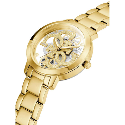 GUESS Ladies Trend Clear 36mm Watch – Glitz Dial with Gold-Tone Stainless Steel Case & Bracelet GUESS