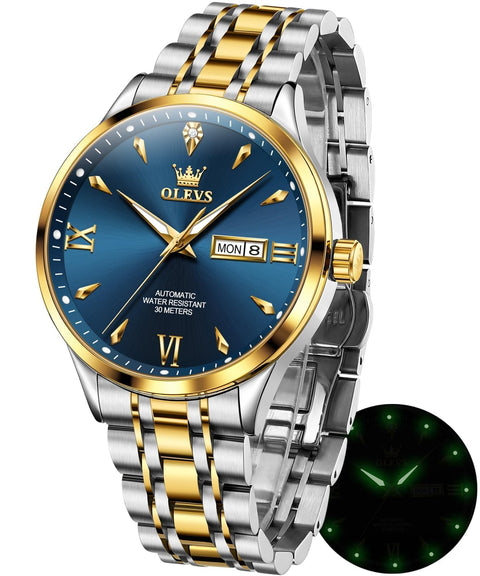 OLEVS Watches for Men Automatic Self Winding Two Tone Mechanical Stainless Steel Luxury Business Calendar Waterproof Luminous Wrist Watch Gold Blue OLEVS
