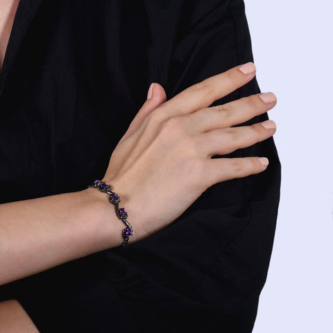 Jewelili Enchanted Disney Fine Jewelry Black Rhodium over Sterling Silver 6x4 MM Oval Shape Amethyst and 1/5 Cttw Natural White Round Diamond Ursula Bracelet