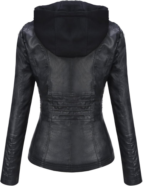 Tanming Women's Removable Hooded Faux Leather Jackets (X-Large, Black) Tanming