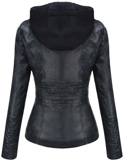Tanming Women's Removable Hooded Faux Leather Jackets (X-Large, Black) Tanming