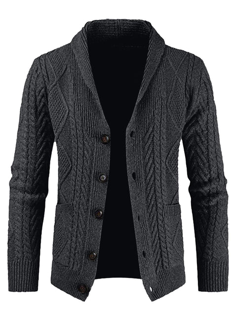 JMIERR Cardigan Sweaters for Men Fall Casual Long Sleeve Shawl Collar Button-Down Wool Blend Cable Christmas Knit Essentials Sweater with Pockets,L,Dark Grey