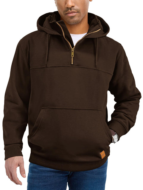 JEMLDL Mens Casual Cotton Hooded Quarter Zip Drawstring Hoodies Fashion Long Sleeve Pullover Sweatshirts Dark Brown US(50) XXL