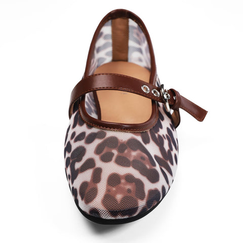 Leopard Flats for Women Mesh Ballet Flats Mary Jane Animal Print Shoes Slip On Casual Breathable Ballerina Flats