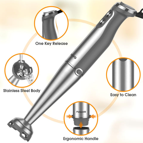 FUNAVO.vo Immersion Blender, 1000W Anti-scratch 5-in-1 Hand Blender, Upgraded 12 Speed Stainless Steel Blade Stick Blender with Turbo Mode, 20oz Beaker, 17oz Chopping Bowl, Whisk, BPA-Free FUNAVO.vo