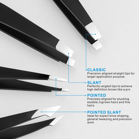 Pefei Tweezers Set - Professional Stainless Steel Tweezers for Eyebrows - Great Precision for Facial Hair, Splinter and Ingrown Hair Removal (Black) Pefei