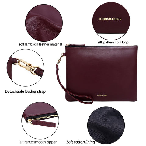 DORIS&JACKY Lambskin Leather Wristlet Clutch Purse For Women Large Soft Designer Wallet With Strap DORIS&JACKY