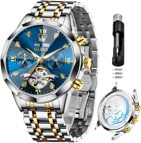 OLEVS Skeleton Men Watches Automatic Business Luxury Diamond Self Winding Watch for Men Stainless Steel Calendar Blue Wrist Watch