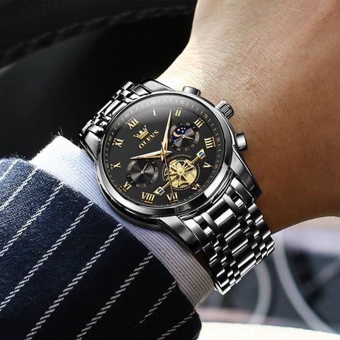 OLEVS Black Watches for Men Casual Fashion Big Face Man Watch Luxury Analog Quartz Men's Wrist Watch Elegant Waterpoof Stainless Steel Multifunction Chronograph Moon Phase Mens Watches