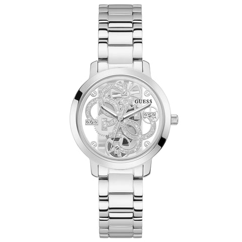 GUESS Ladies Trend Clear 36mm Watch – Glitz Dial with Silver-Tone Stainless Steel Case & Bracelet GUESS