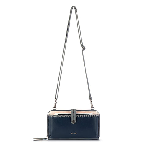 The Sak Iris Smartphone Crossbody Purse - Women's Cellphone Bag & Wallet For Everyday - Convertible Wristlet With Zipper in Dusty Blue Block/Leather The Sak