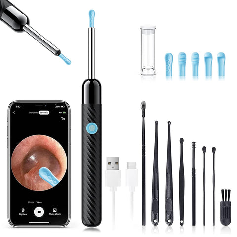 Ear Wax Removal - Earwax Remover Tool with 8 Pcs Ear Set - Ear Canal Cleaner with 1080P Camera - FSA HSA Eligible - Ear Cleaning Kit with 6 Ear Spoon - Ear Camera for iOS & Android (Black) LEIPUT