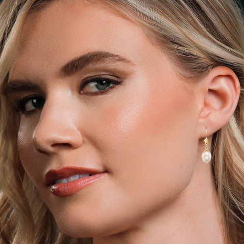 Gem Stone King 14K Gold 9MM Cultured Freshwater Pearl Dangle Earrings For Women | Leverback Gold Drop Earrings | Fine Jewelry Gifts for Her Mom Women Wife