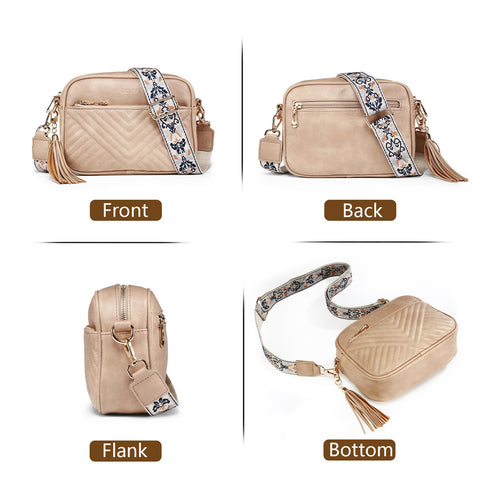 GLOSIW Quilted Crossbody Bags for Women Vegan Leather Shoulder Handbag Trendy Crossbody Purses with Adjustable Wide Strap（Light Brown） GLOSIW