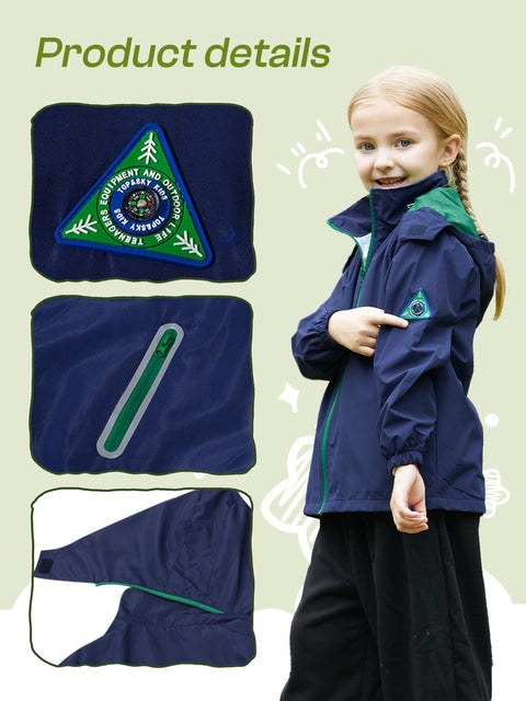 SaphiRose Kids Rain Jacket Waterproof Raincoat Mesh Lined Coat with Removable Hood for Boys Girls (Navy,10-12 years)