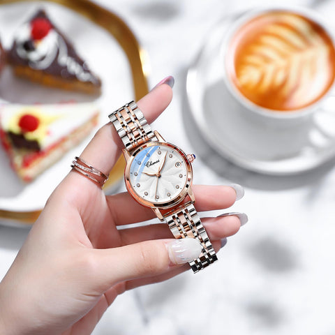 Verhux Elegant Automatic Skeleton Ladies Watches Two Tone Rose Gold and Silver Stainless Steel Waterproof Luminos Womens Wrist Watches