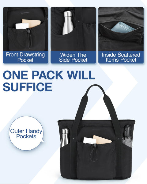BAGSMART Women Foldable Tote Bag with Drawstring Storage Bag, Large Tote Bag Shoulder Bag Top Handle Handbag for Travel, Work, Beach, Gym, Shop, (Black) BAGSMART