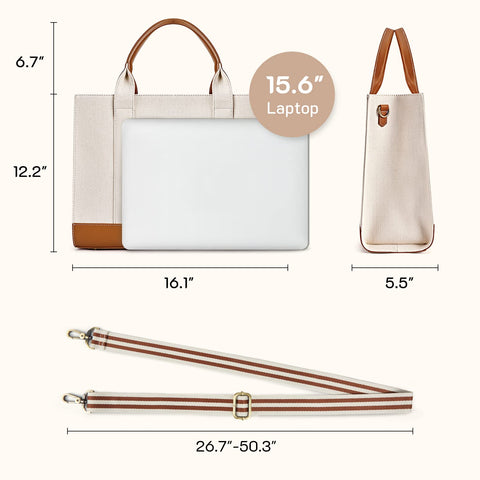 Missnine Tote Bag Canvas Laptop Bag 15.6 inch Briefcase for Women Large Capacity Handbag for Office, College, Travel (Brown+Beige) Missnine