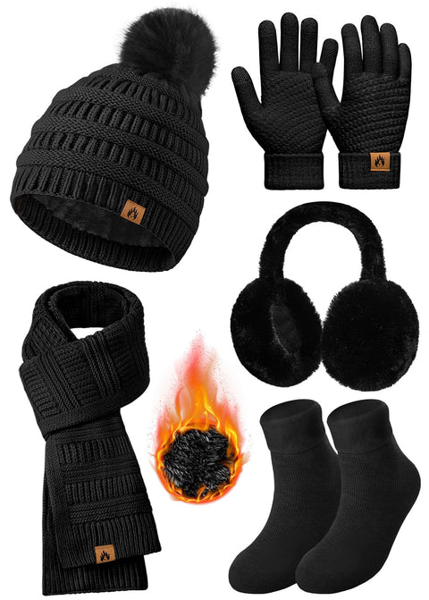 Jyanl Womens Winter Beanie Hat Scarf Gloves Set Fleece Hat Long Scarf Neck Warmer Ear muffs Fuzzy Socks 5 in 1 Knit Sets Jyanl