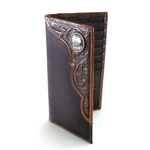 Ariat Men's Rodeo Wallet, Hand Tooled Leather Corner, Antiqued Silver Concho, Tan ARIAT