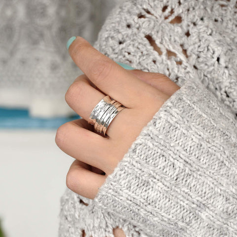 Boho-Magic 925 Sterling Silver Spinner Ring for Women 3 Fidget Rings Band Wide Hammered (9) Boho-Magic