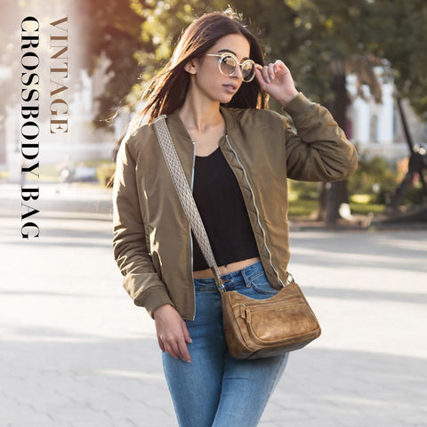 Missnine Crossbody Bags for Women Leather Purses Trendy Multi Pocket Shoulder Handbags with Adjustable Guitar Strap Missnine