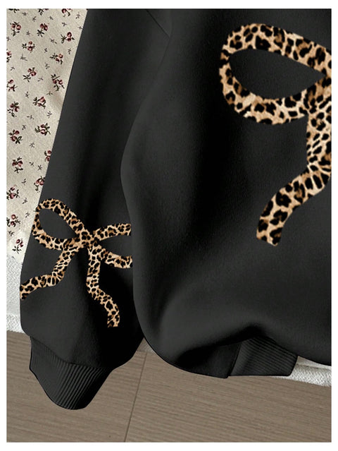 RoseSeek Girl's Bow Cheetah Leopard Hoodies Long Sleeve Pullover Tops Preppy Cute Sweatshirts Hoodies Bow Black 11Y