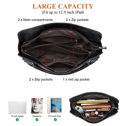 Over Earth Genuine Leather Handbags for Women Hobo Shoulder Bag Ladies Leather Tote Bag(O172E Black) Over Earth