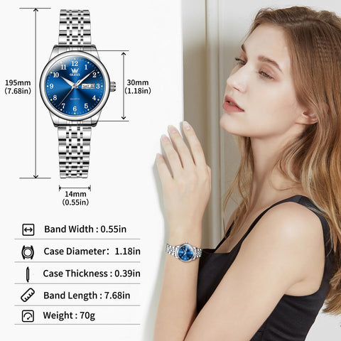OLEVS Small Women Watch Silver Watches for Women Blue Dial Stainless Steel Easy Read Wrist Watches Day Date Classic Dress Analog Quartz Waterproof Ladies Arabic Numeral Reloj de Mujer