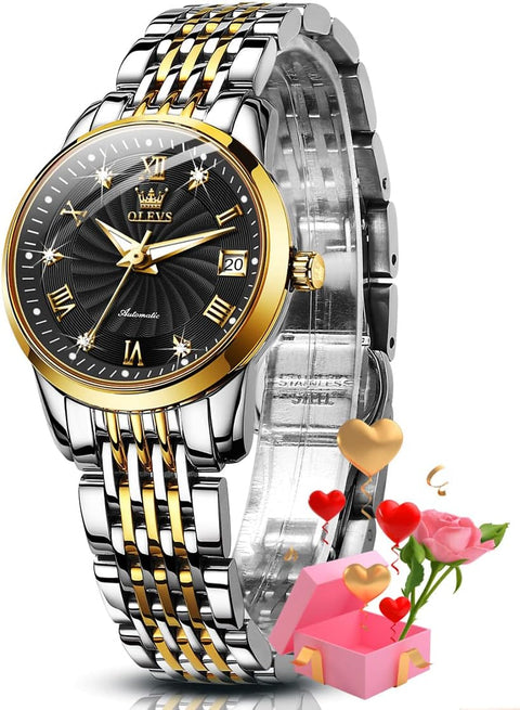 OLEVS Women Automatic Watch Diamond Mechanical Self Winding Fashion Elegant Dress Wrist Watch Black Luminous Waterproof Stainless Steel Date OLEVS