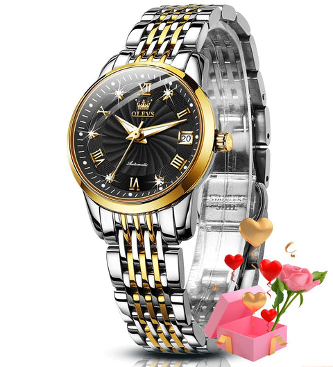 OLEVS Women Automatic Watch Diamond Mechanical Self Winding Fashion Elegant Dress Wrist Watch Black Luminous Waterproof Stainless Steel Date OLEVS