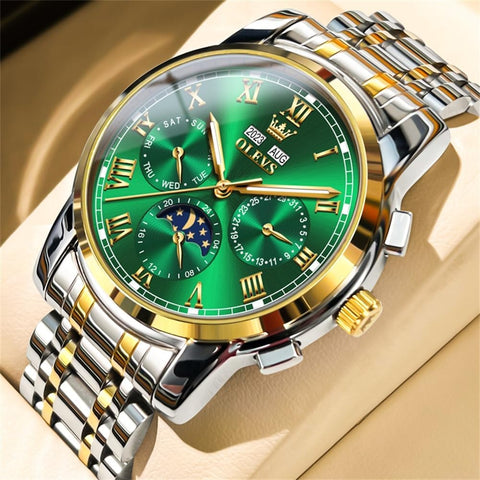 OLEVS Green Mens Automatic Watch Mechanical Self Winding Luxury Business Dress Moon Phase Stainless Steel Calendar Wrist Watches for Men Waterproof Luminous OLEVS