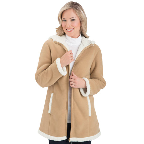 Collections Etc Women's Women's Polar Fleece Coat with Sherpa Lined Hood Beige X-Large