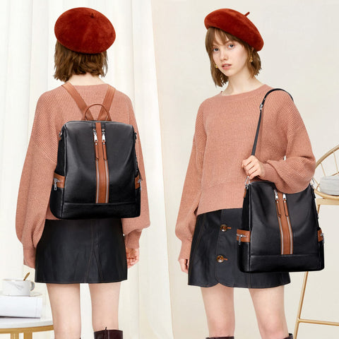 ALTOSY Genuine Leather Backpack Purse for Women Convertible Shoulder Bag Crossbody Bag with Laptop Compartment(S77 Black/Brown) ALTOSY