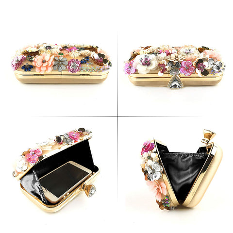 Lanpet Women Clutches Flower Evening Handbag Chain Strap Shoulder Bag Gold Lanpet