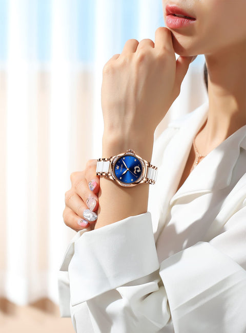 OLEVS Womens Automatic Watches Self Winding Ladies Diamond Wrist Watch Luxury Dress Rose Gold Ceramic Watch for Women Love Heart Date OLEVS