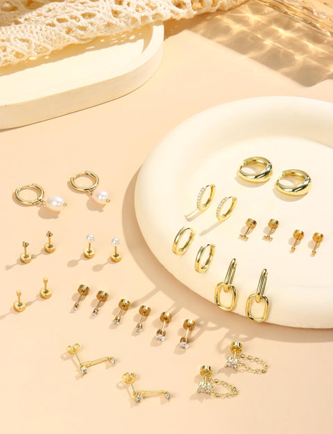 LOLIAS Flat Back Earrings for Women Hypoallergenic Surgical Steel Earrings for Sensitive Ears-20G Cartilage Earring Stacks 14K Gold Plated Hoops Flatback Stud Earring Sets for Multiple Piercing 14K Gold Plated