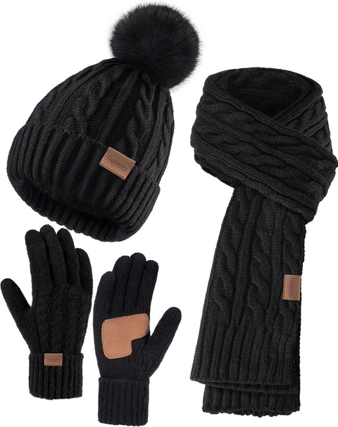 Women Beanie Hat Scarf Gloves Set, 3 PCS Winter Warm Pom Pom Beanie Hat Skull Cap Long Knit Neck Scarf & Touchscreen Gloves Set for Cold Weather, Christmas Holiday Gifts for Mom Wife Friend Sister Her Remifa